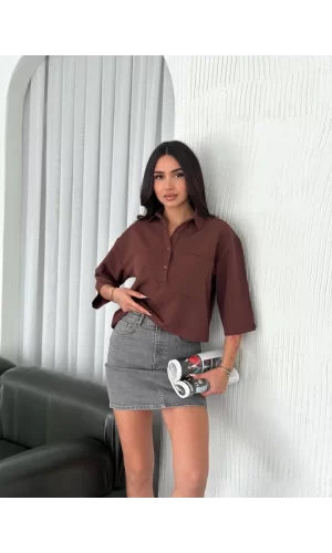 Crop Yakalı Gömlek Üç Çeyrek Sleeve Kol - Kahverengi