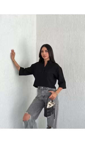 Crop Yakalı Gömlek Üç Çeyrek Sleeve Kol - Siyah
