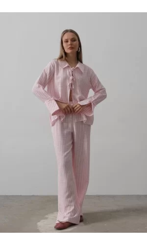 Çzgili Bağlamalı Pantolon Takım - Pembe