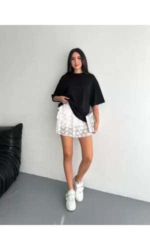 Luz&Pos Dantel Beli Lastikli Şortlu Mini Etek - Beyaz