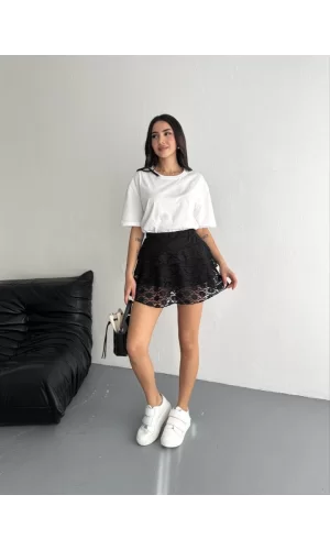 Dantel Şortlu Etek - Siyah