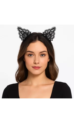 Dantelli Siyah Kedi Tacı - Vintage Tarz Dantel Kedi Kulak