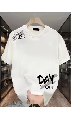 Luz&Pos Day One Baskılı Oversize Bisiklet Yaka T-shirt - Beyaz