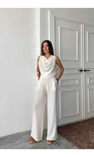 DEGAJE YAKA KOLSUZ BLUZ - PANTOLON TAKIM - Beyaz