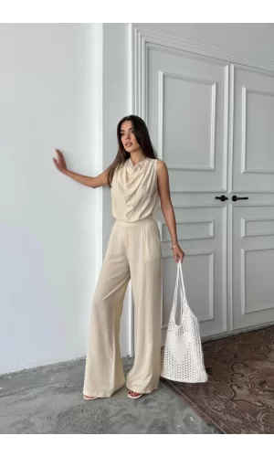 DEGAJE YAKA KOLSUZ BLUZ - PANTOLON TAKIM - Taş