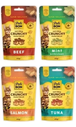 Delibon Crunchy İçi Dolgulu Bisküvi Karışık Kedi Ödülü Çeşitleri 4X60GR