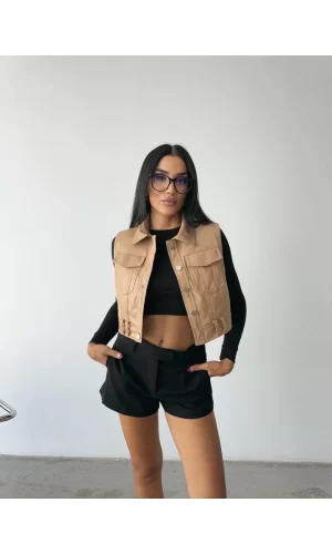 DERİ CROP YELEK - Bej