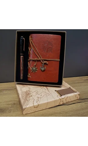 Deri Pusula Tasarımlı Defter Ve Metal Kalem Seti