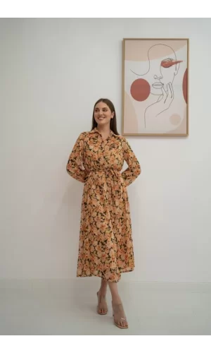 Desenli Kuşaklı Şifon Elbise
