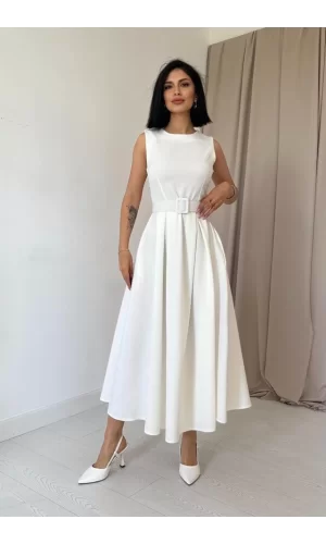Ekru Halter Yaka Kloş Elbise