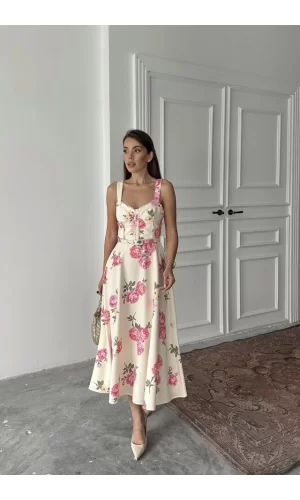 Ekru İnce Kemer Detaylı Elbise