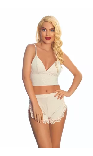 Ekru Lcralı Babydoll Şortlu Takım - 319