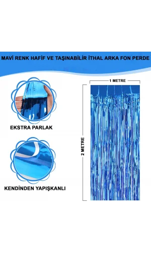 Ekstra Metalize Mavi Renk Saçaklı Arka Fon Perde 1x2 metre