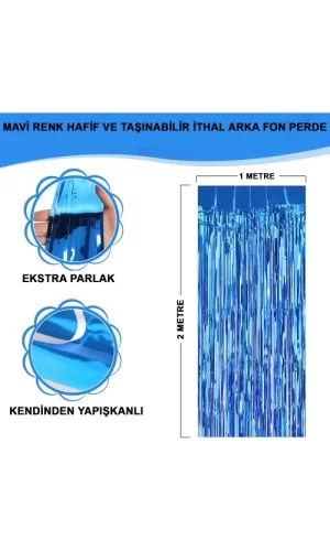 Ekstra Metalize Mavi Renk Saçaklı Arka Fon Perde 1x2 metre