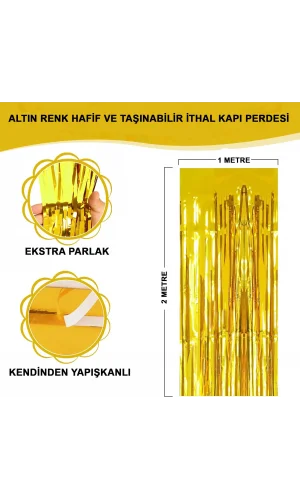 Ekstra Metalize Parlak Saçaklı Arka Fon Perde Gold