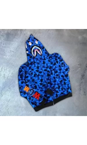 Erkek 2 İplik Bape Kapüşonu Fermuarlı Hırka - Mavi