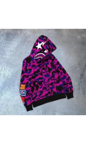 Erkek 2 İplik Bape Kapüşonu Fermuarlı Hırka - Mor