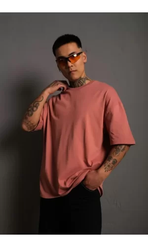 Erkek 24/1 Düz A Kalite Oversize T-shirt - Gül Kurusu