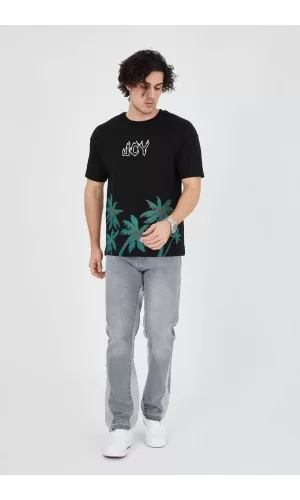 Luz&Pos Erkek Baskılı Bisiklet Yaka T-shirt - Siyah