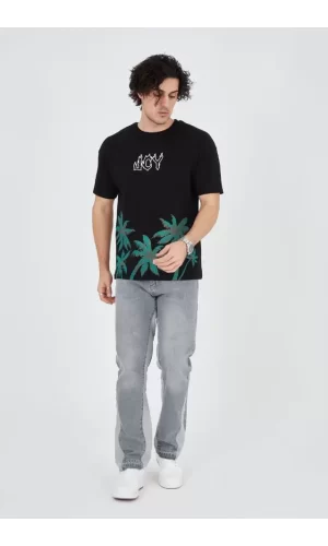 Erkek Baskılı Bisiklet Yaka T-Shirt - Siyah