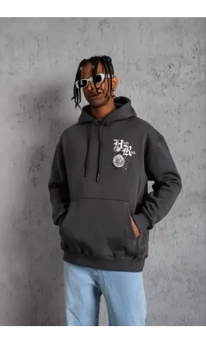 Luz&Pos Erkek Baskılı Kapşonlu Sweat - Füme
