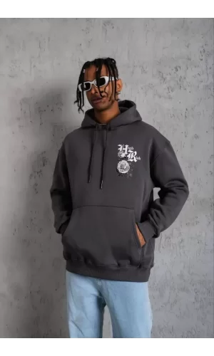 Erkek Baskılı Kapşonlu Sweat - Füme