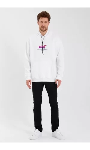 Luz&Pos Erkek Baskılı Üç İplik Kapüşonlu Oversize Sweatshirt - Beyaz