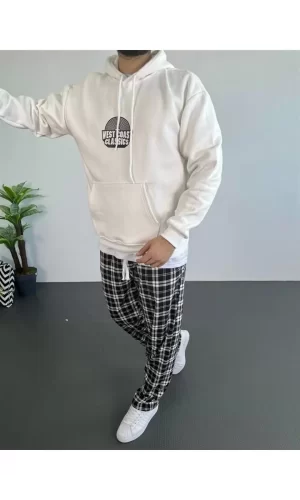 Luz&Pos Erkek Baskılı Üç İplik Kapüşonlu Oversize Sweatshirt - Beyaz
