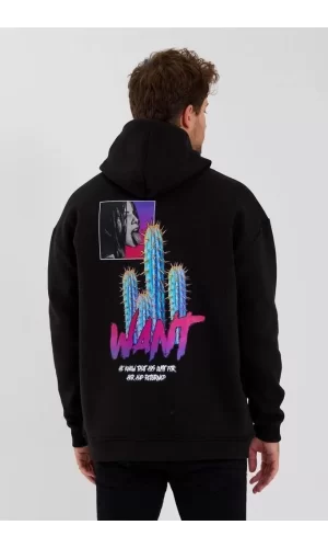 Luz&Pos Erkek Baskılı Üç İplik Kapüşonlu Oversize Sweatshirt - Siyah