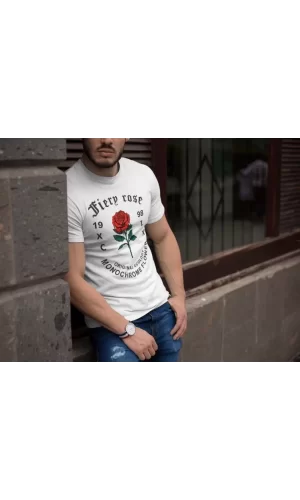 Erkek Bisiklet Yaka Baskılı Oversize T-Shirt - Beyaz