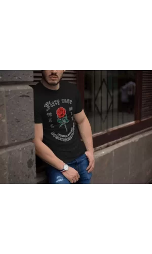 Luz&Pos Erkek Bisiklet Yaka Baskılı Oversize T-shirt - Siyah