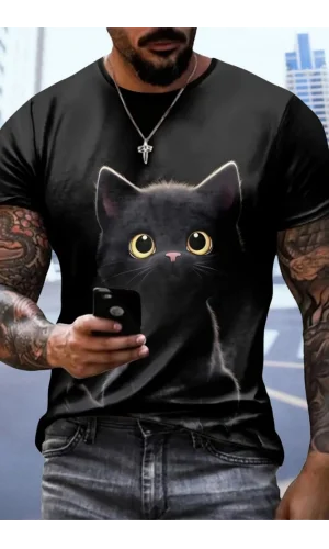 Erkek Bisiklet Yaka Kedi Baskılı Süprem T-shirt
