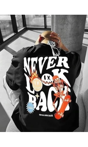 Erkek Bisiklet Yaka Kısa Kol Baskılı T-shirt - Siyah