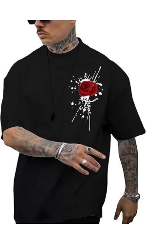Erkek Bisiklet Yaka Kısa Kol Baskılı T-shirt - Siyah
