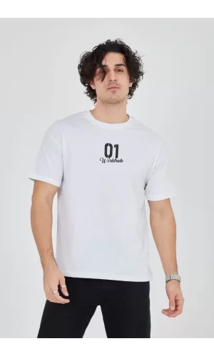Erkek Bisiklet Yakalı Baskılı T-Shirt - Beyaz