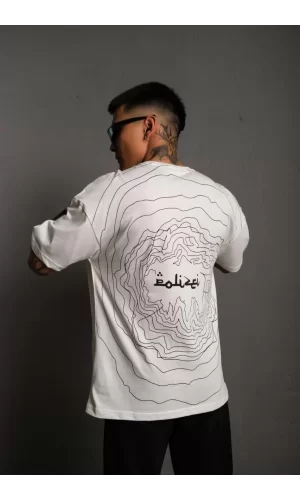 Luz&Pos Erkek Bisiklet Yakalı Sırt Baskılı Oversize T-shirt - Beyaz