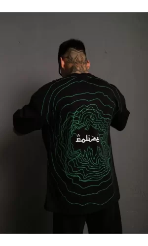 Erkek Bisiklet Yakalı Sırt Baskılı Oversize T-Shirt - Siyah