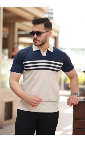 Erkek çizgi Desenli Yakalı Kısa Kollu T-shirt