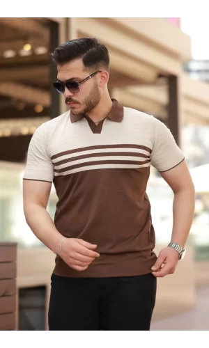 Erkek çizgi Desenli Yakalı Kısa Kollu T-shirt