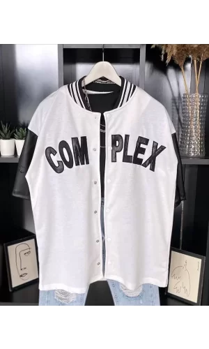 Luz&Pos Erkek Complex Kolları Deri Kolej Oversize T-shirt - Beyaz