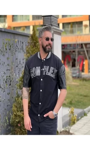 Erkek Complex Kolları Deri Kolej Oversize T-shirt - Siyah