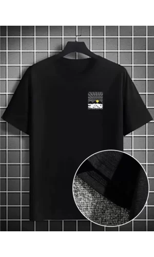 Erkek Dağ Grafikli Tişört, Yaz Için Büyük Beden Rahat T-shirt - Siyah