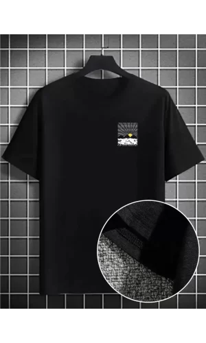 Luz&Pos Erkek Dağ Grafikli Tişört, Yaz İçin Büyük Beden Rahat T-shirt - Siyah