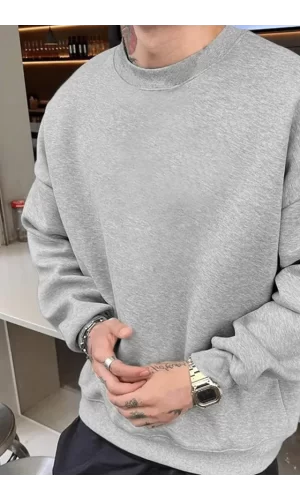 Erkek Düz Bisiklet Yaka Sweat - Gri