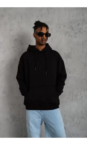 Erkek Düz Kapüşonlu Sweat - Siyah