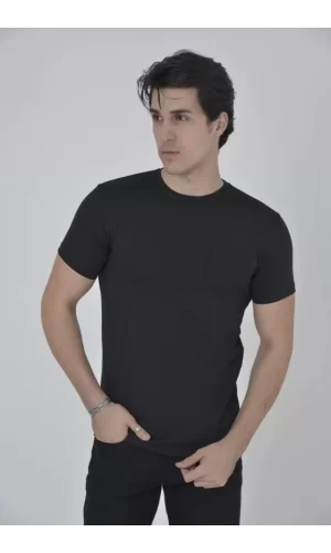 Erkek File Cepli Slim Fit T-shirt - Siyah