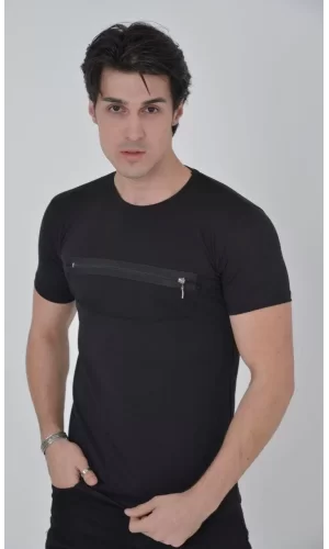 Luz&Pos Erkek Göğüste Fermuar Aksesuarlı Dar Kalıp T-shirt - Siyah