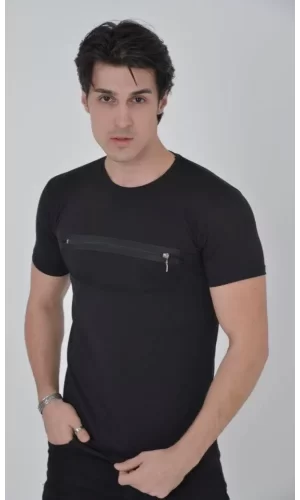 Erkek Göğüste Fermuar Aksesuarlı Dar Kalıp T-Shirt - Siyah