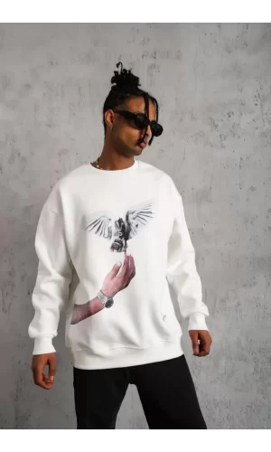 Luz&Pos Erkek Güvercin Baskılı Sweatshirt - Beyaz