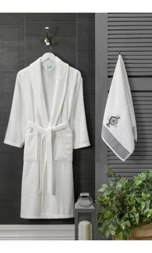 Erkek Havlulu Banyo Bornoz Takımı &#37;100 Pamuklu Beyaz
